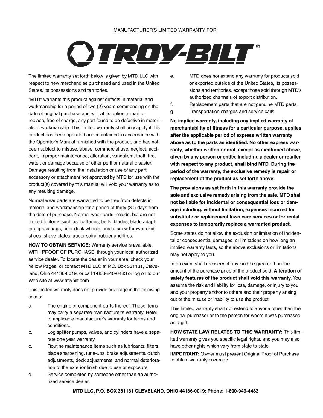 Troy-Bilt GT54 manual MTD LLC, P.O. BOX 361131 CLEVELAND, Ohio 44136-0019 Phone 