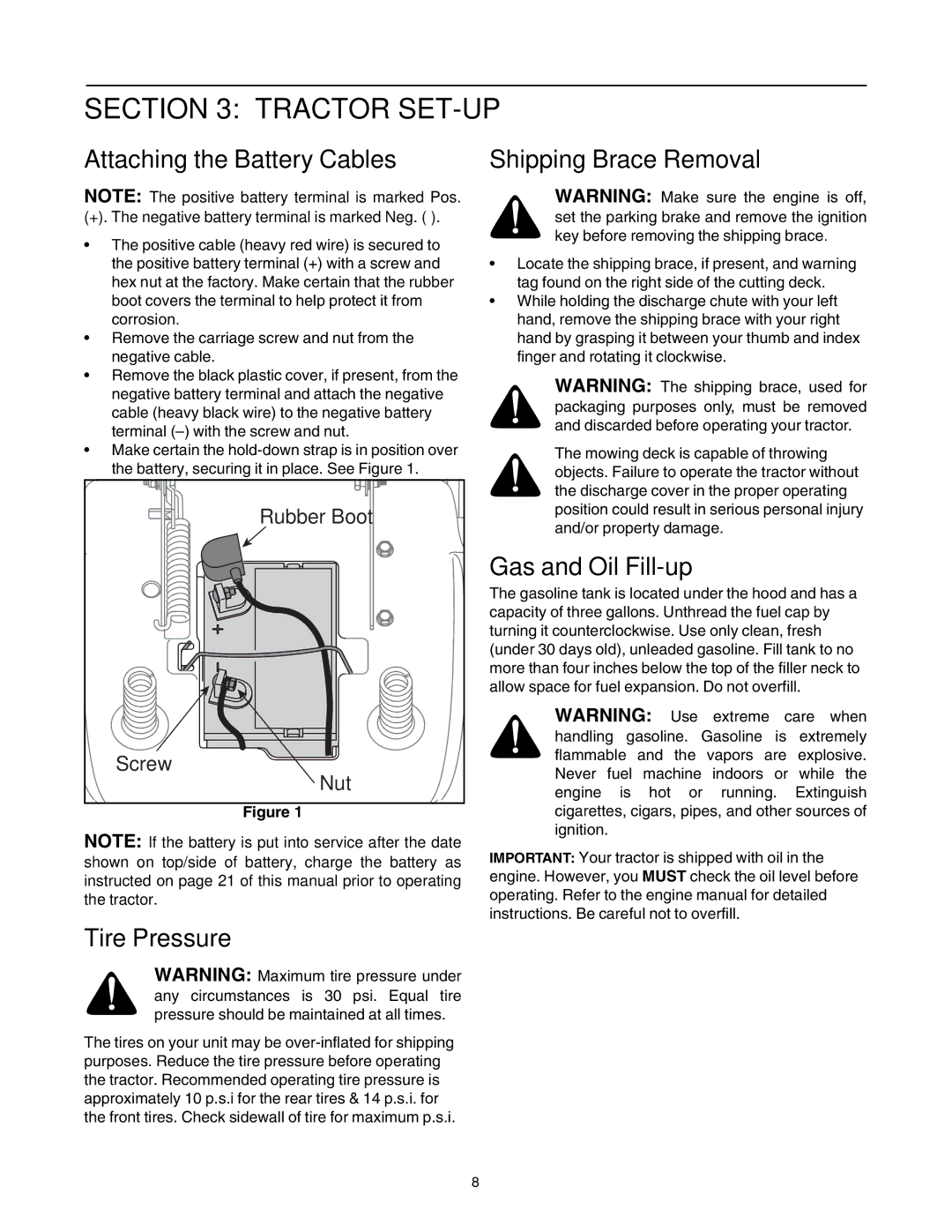 Troy-Bilt GT54 manual Attaching the Battery Cables, Tire Pressure, Shipping Brace Removal, Gas and Oil Fill-up 