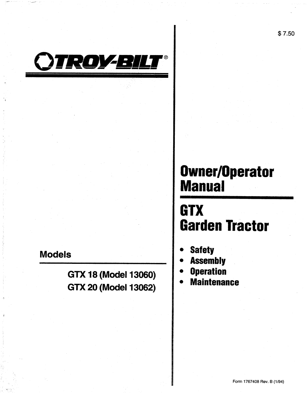 Troy-Bilt GTX 20, GTX 18, 13060 manual 