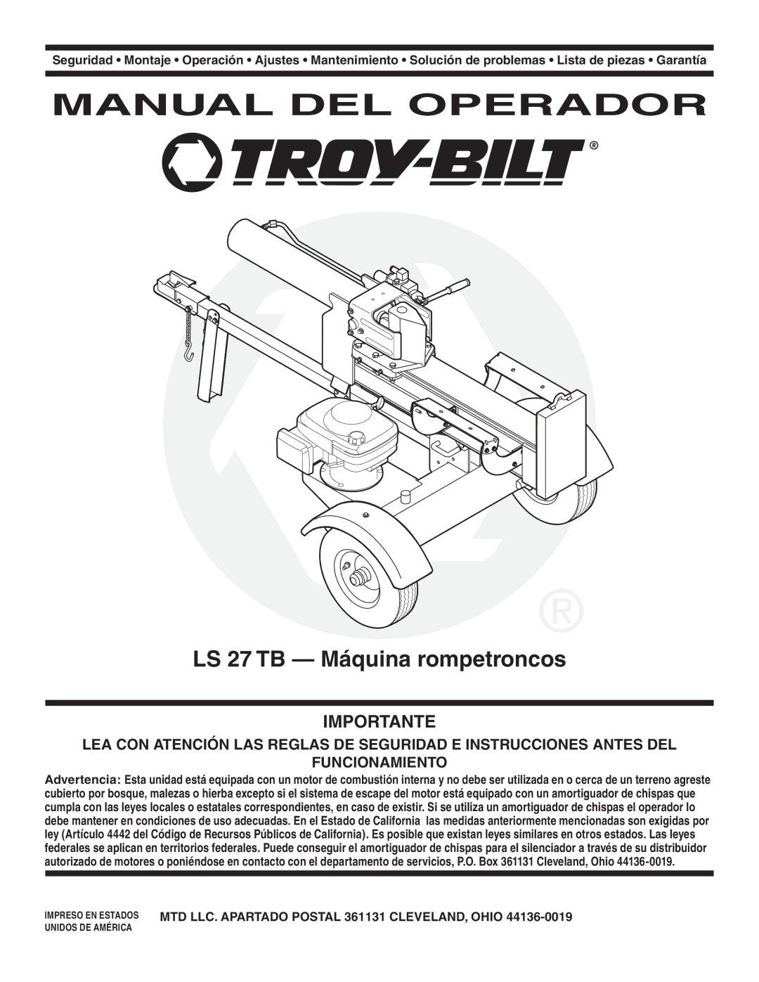 Troy-Bilt warranty Manual DEL Operador, LS 27 TB Máquina rompetroncos 