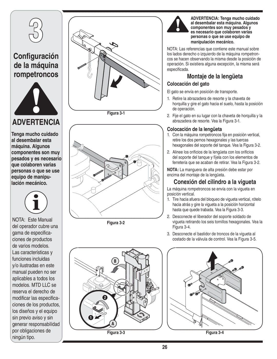 Troy-Bilt LS 27 TB warranty Montaje de la lengüeta, Colocación del gato, Colocación de la lengüeta, Manipulación mecánico 