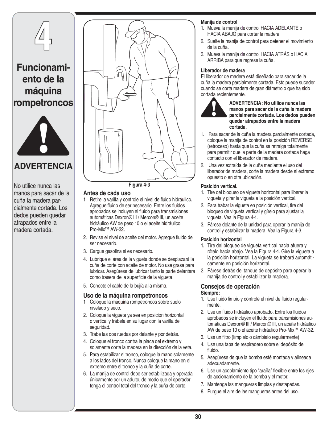 Troy-Bilt LS 27 TB warranty Antes de cada uso, Uso de la máquina rompetroncos, Consejos de operación 