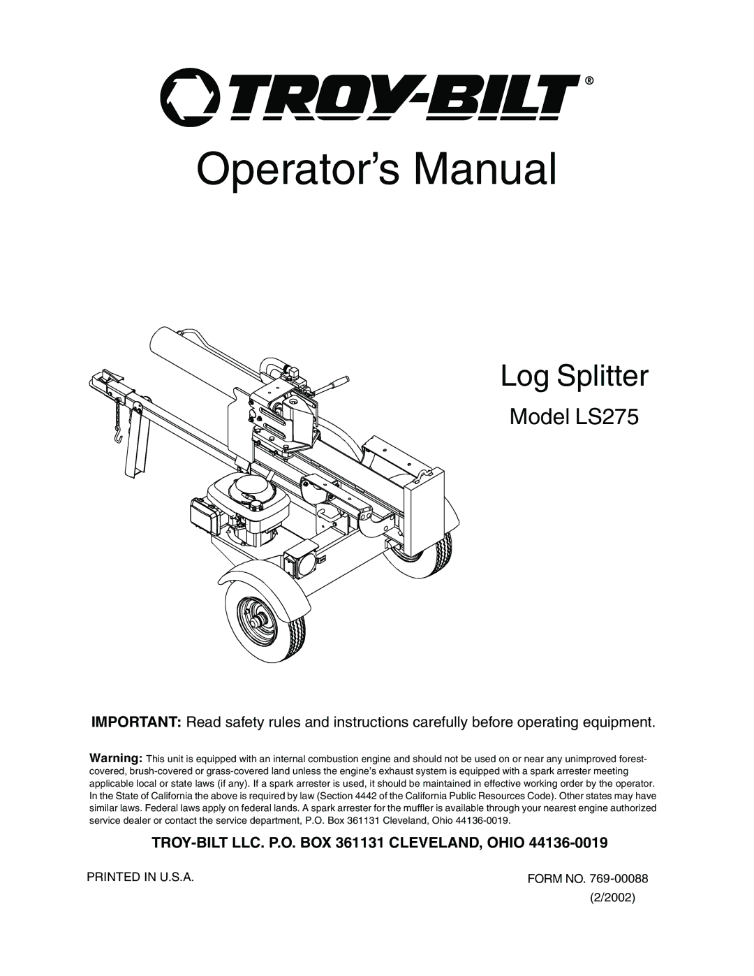 Troy-Bilt LS275 manual Operator’s Manual 