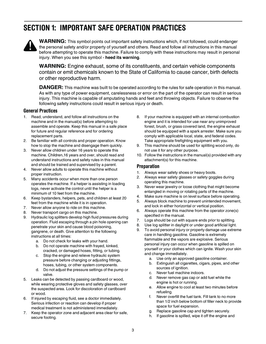 Troy-Bilt LS275 manual Important Safe Operation Practices, General Practices, Preparation 