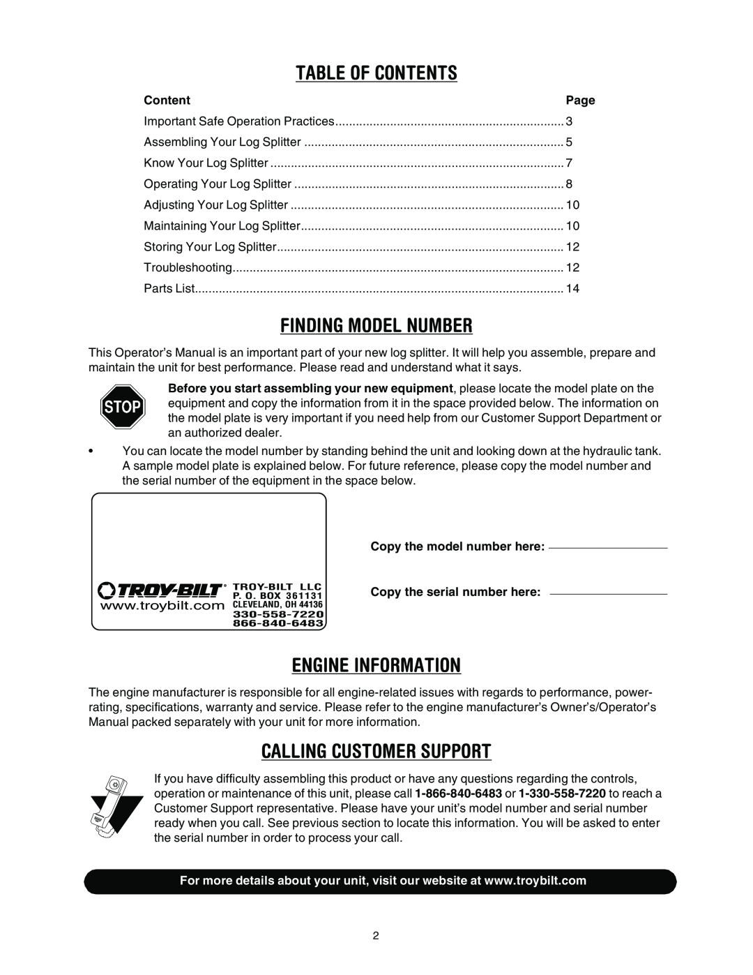 Troy-Bilt LS275 manual Table Of Contents, Finding Model Number, Engine Information, Calling Customer Support 