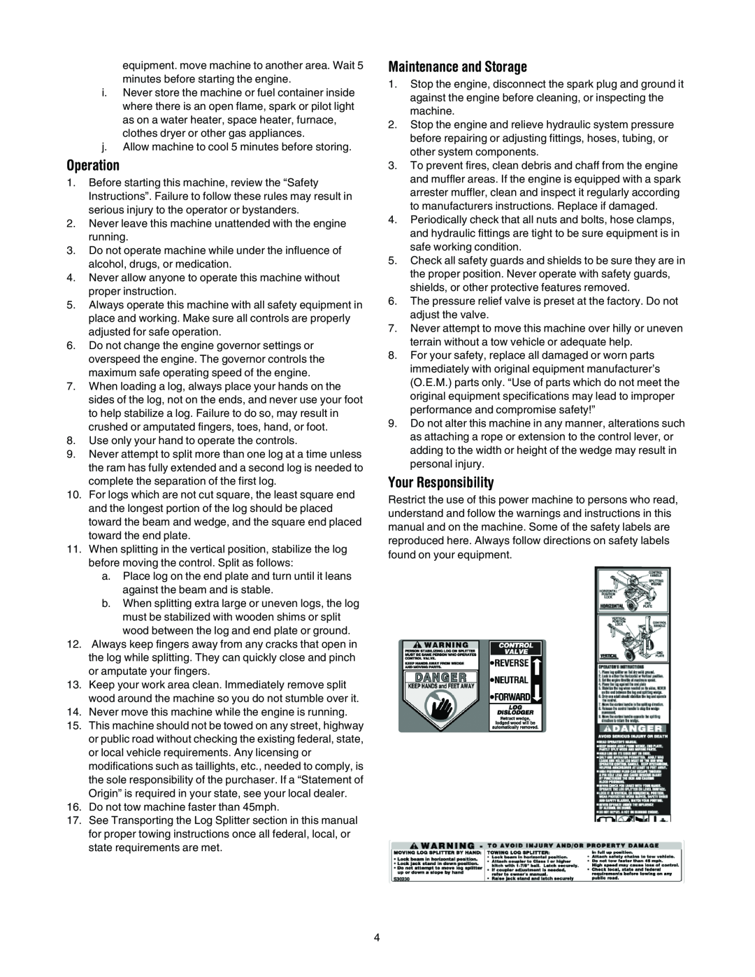 Troy-Bilt LS275 manual Operation, Maintenance and Storage, Your Responsibility 