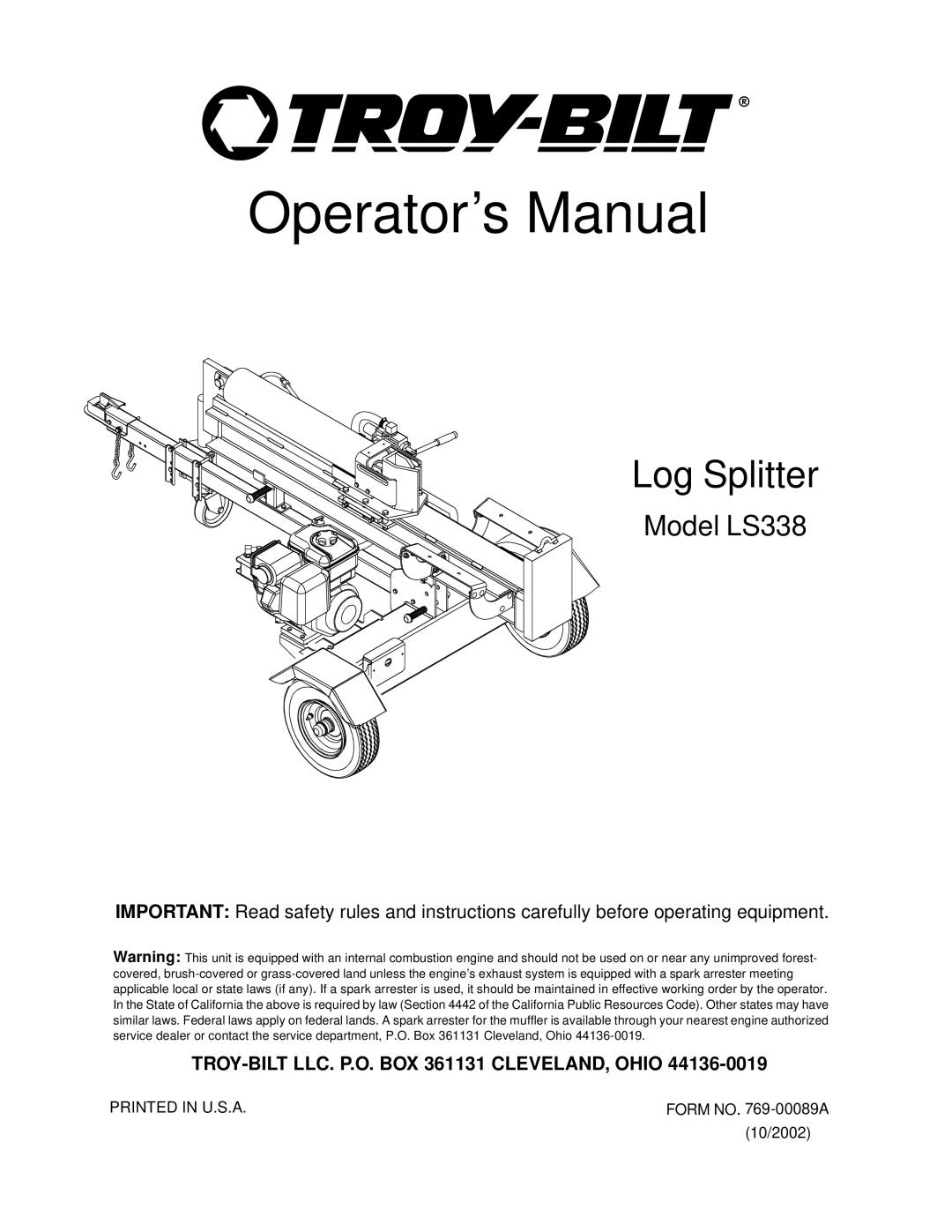 Troy-Bilt LS338 manual Operator’s Manual 