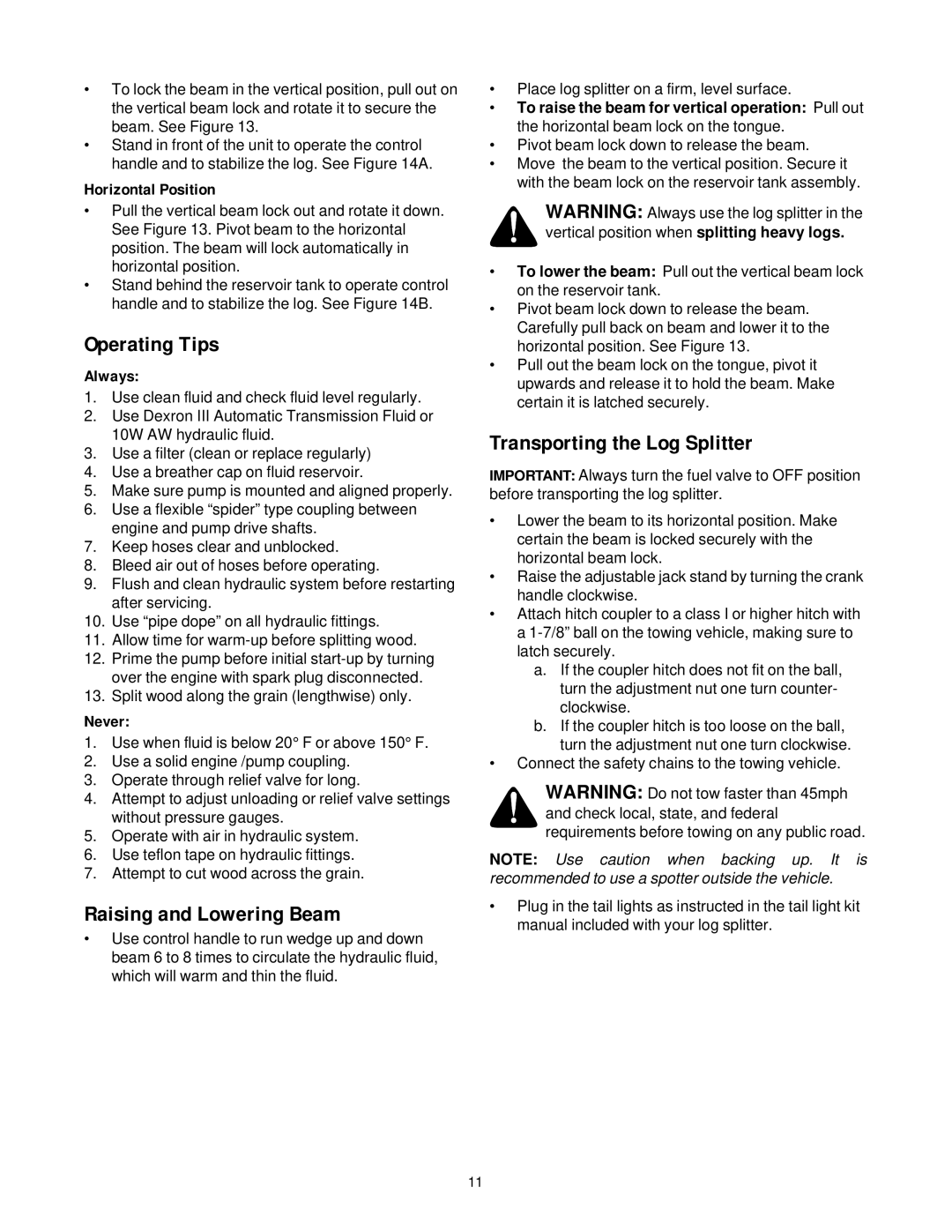 Troy-Bilt LS338 manual Operating Tips, Raising and Lowering Beam, Transporting the Log Splitter 