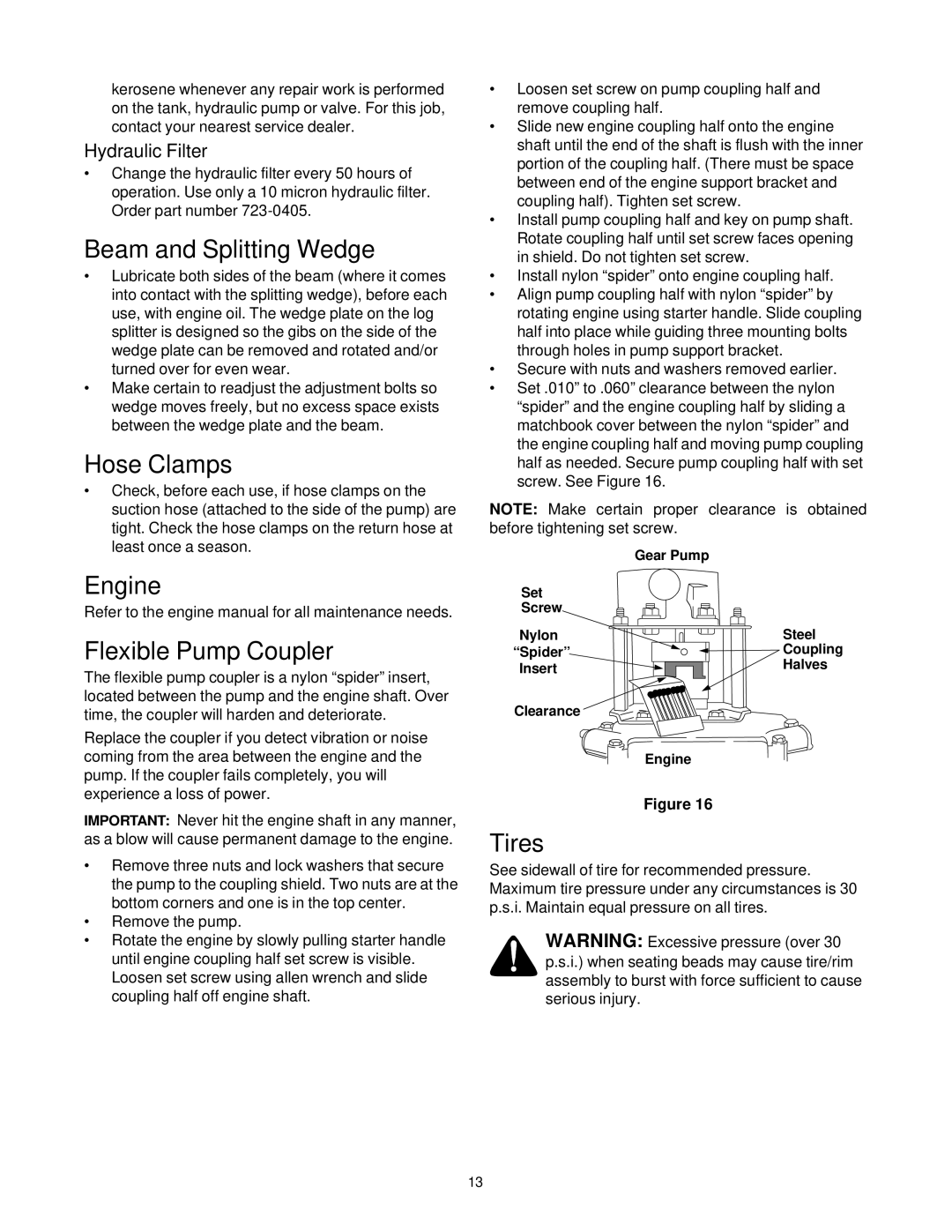 Troy-Bilt LS338 manual Beam and Splitting Wedge, Hose Clamps, Engine, Flexible Pump Coupler, Tires 