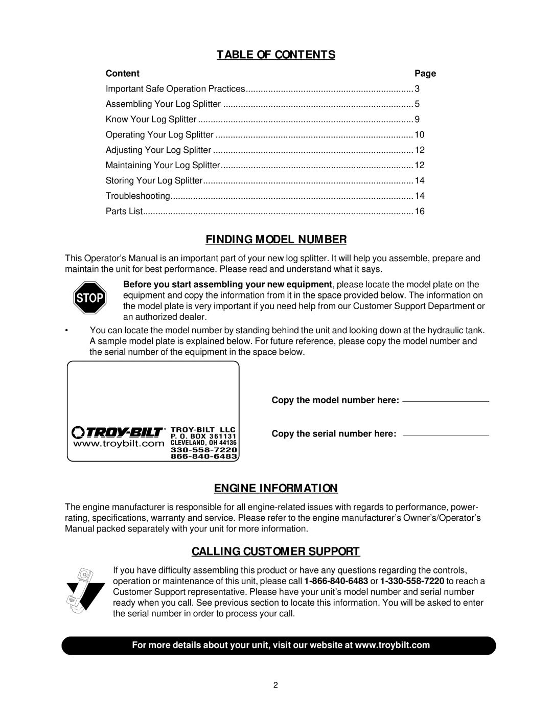 Troy-Bilt LS338 manual Table of Contents 