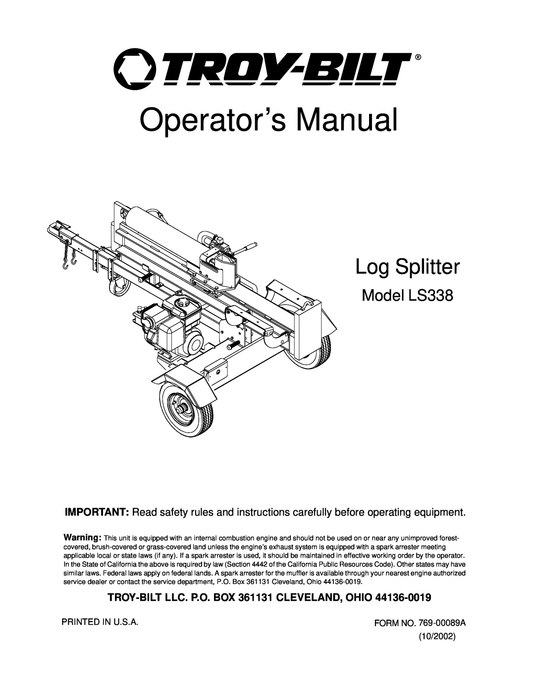 Troy-Bilt manual Model LS338, TROY-BILT LLC. P.O. BOX 361131 CLEVELAND, OHIO, Operator’s Manual, Log Splitter 