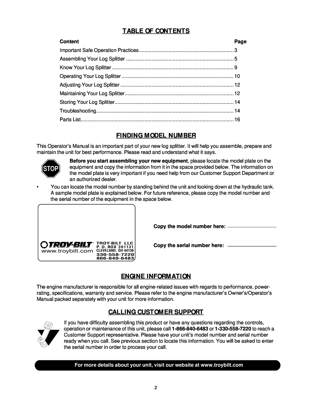 Troy-Bilt LS338 manual Table Of Contents, Finding Model Number, Engine Information, Calling Customer Support 
