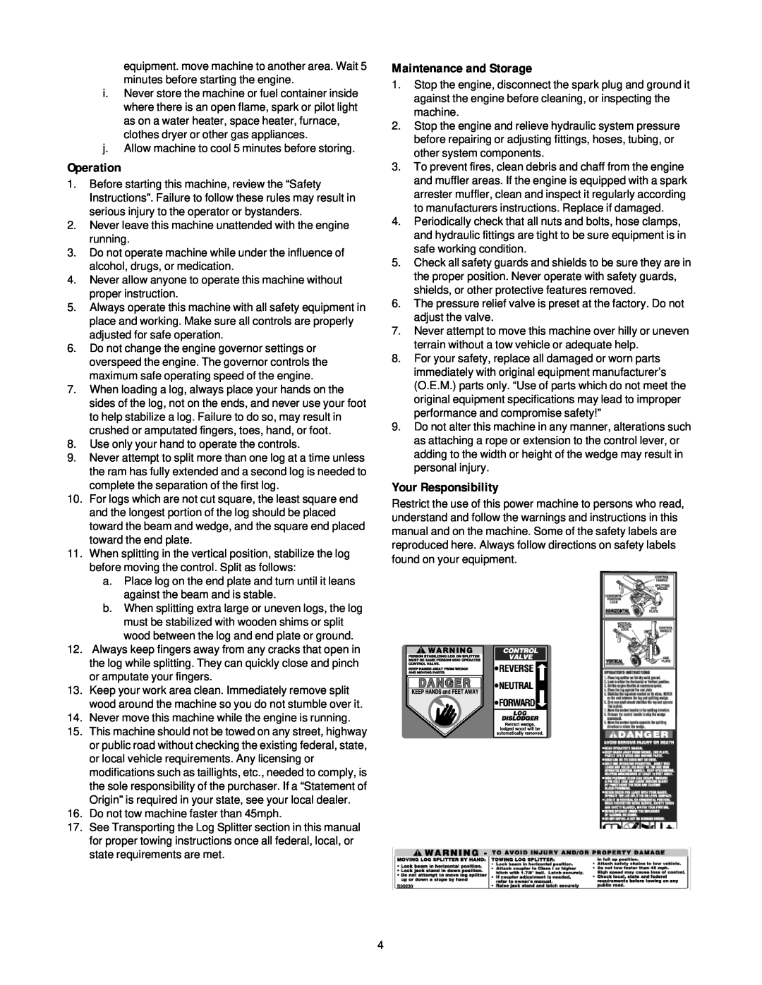 Troy-Bilt LS338 manual Operation, Maintenance and Storage, Your Responsibility 