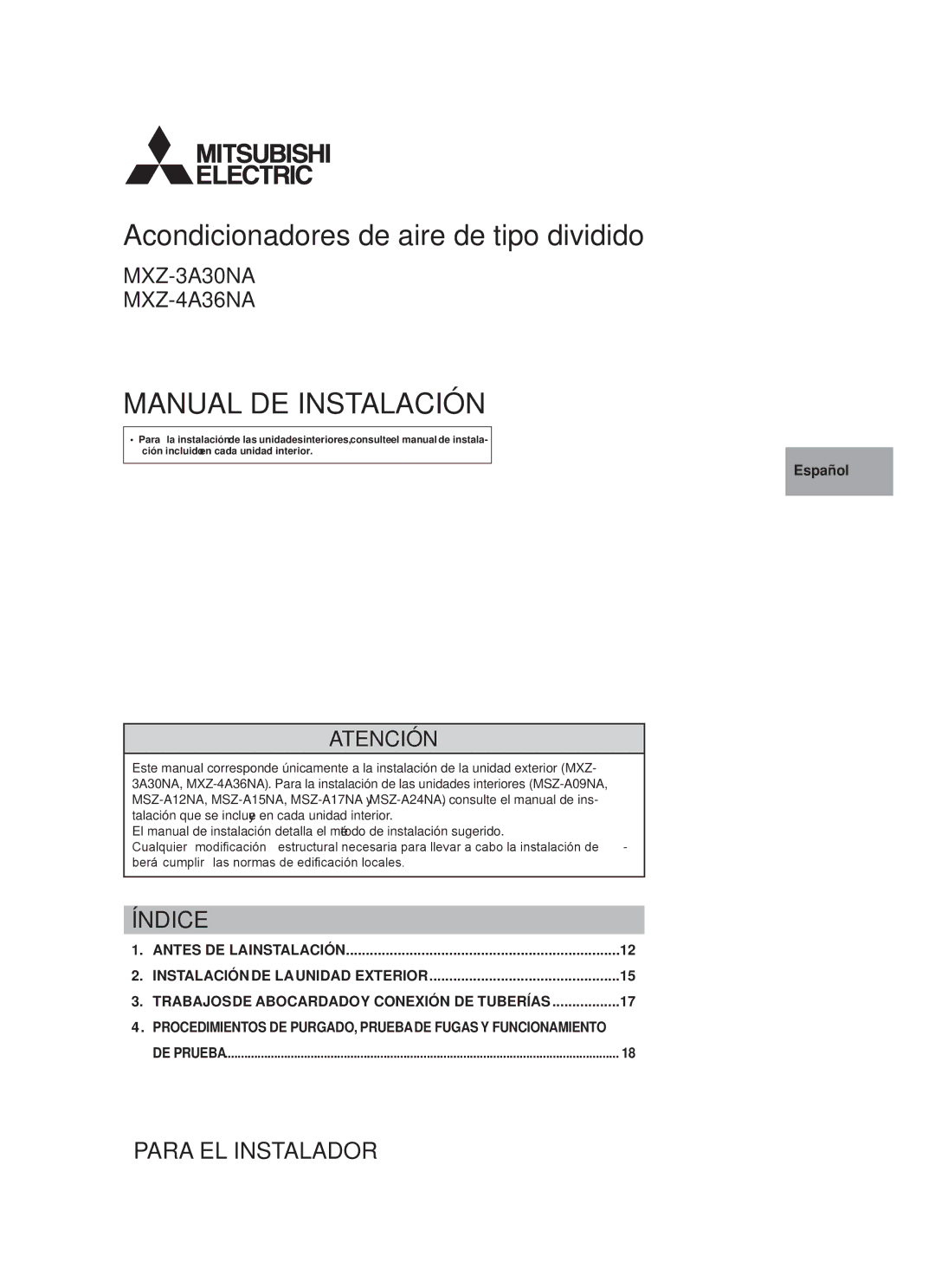 Troy-Bilt MXZ-4A36NA, MXZ-3A30NA installation manual Manual DE Instalación 