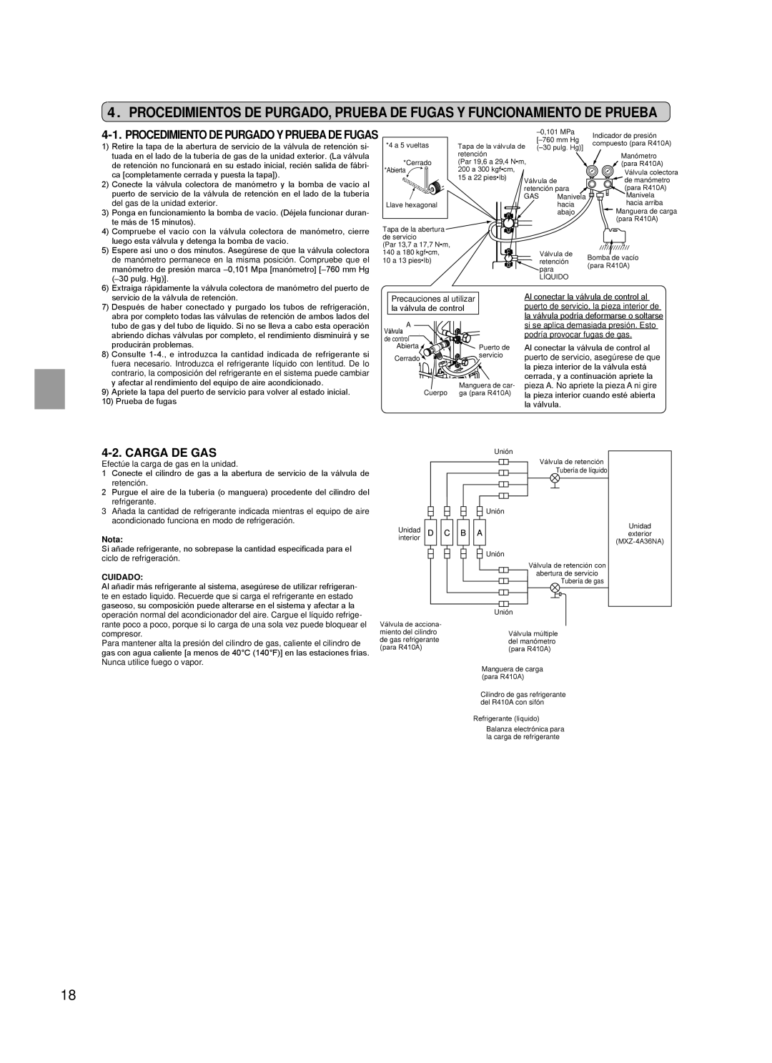 Troy-Bilt MXZ-3A30NA, MXZ-4A36NA installation manual Carga DE GAS, Cuidado 