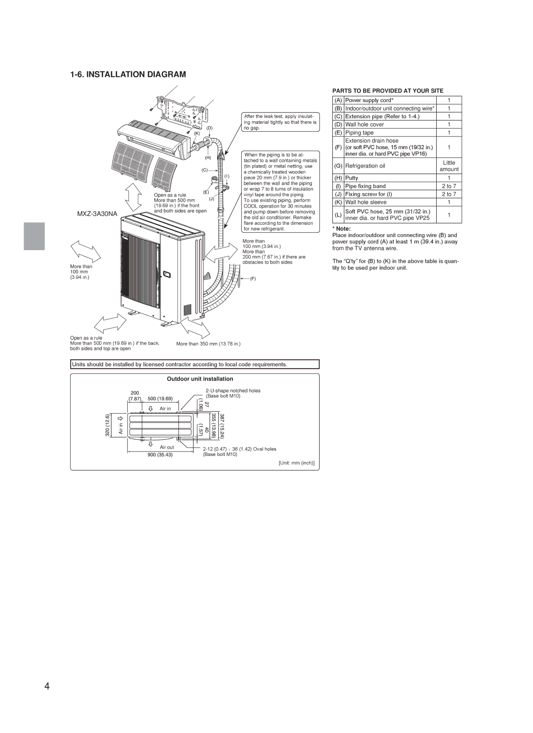 Troy-Bilt MXZ-3A30NA, MXZ-4A36NA Installation Diagram, Parts to be Provided AT Your Site, Outdoor unit installation 