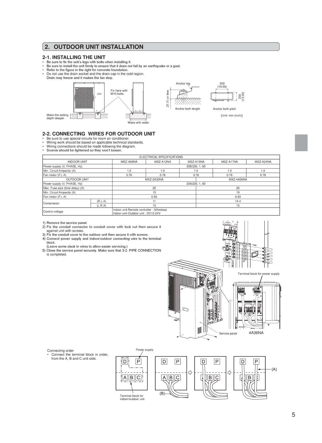 Troy-Bilt MXZ-4A36NA, MXZ-3A30NA Outdoor Unit Installation, Installing the Unit, Connecting Wires for Outdoor Unit 