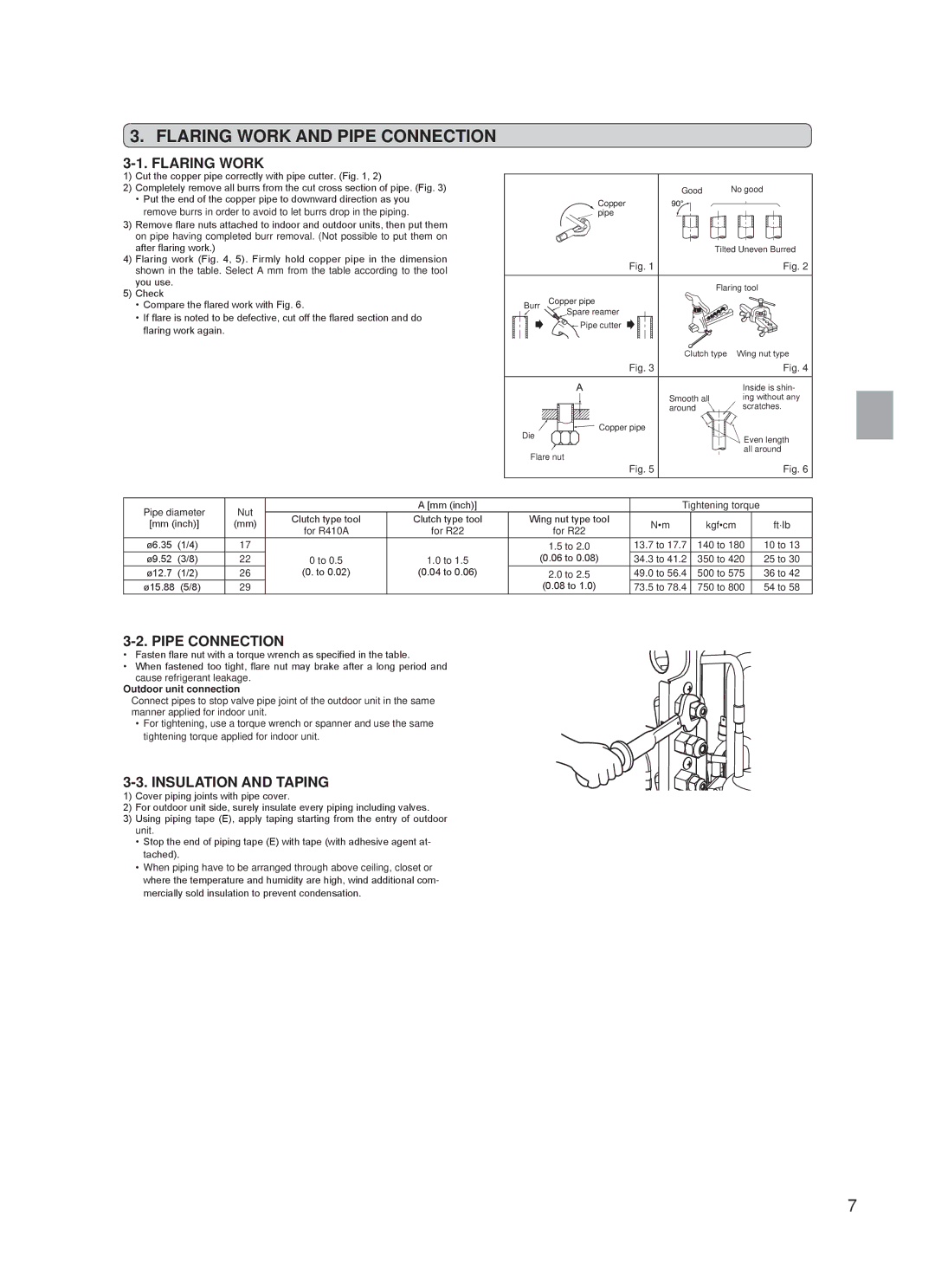 Troy-Bilt MXZ-4A36NA, MXZ-3A30NA Flaring Work and Pipe Connection, Insulation and Taping, Outdoor unit connection 