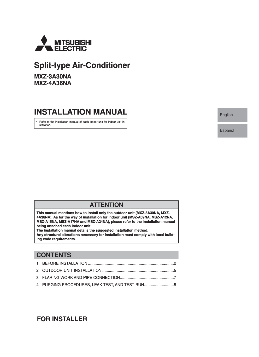 Troy-Bilt MXZ-4A36NA installation manual Split-type Air-Conditioner, Installation Manual, Contents, For Installer 