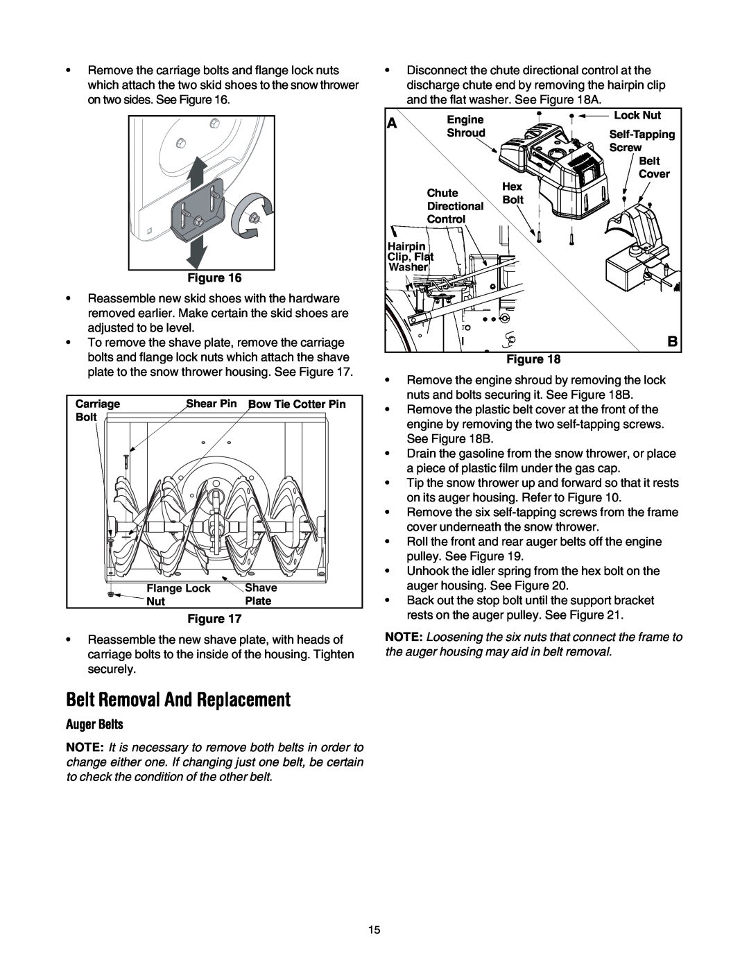 Troy-Bilt OEM-390-679 manual Belt Removal And Replacement, Auger Belts 