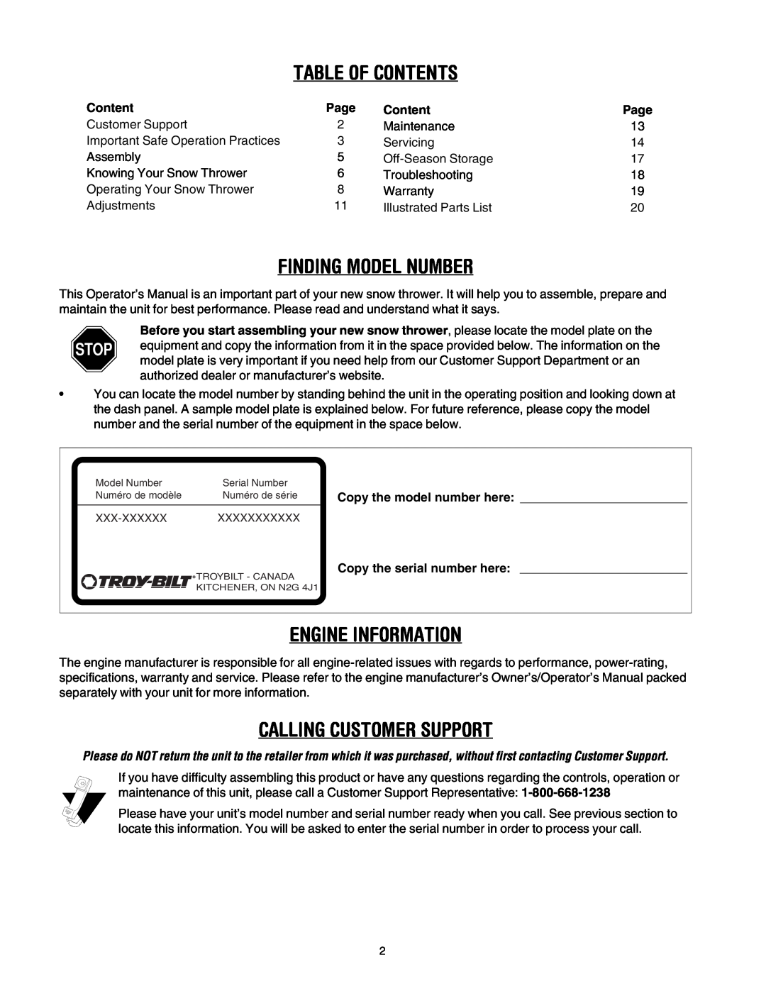 Troy-Bilt OEM-390-679 manual Table Of Contents, Finding Model Number, Engine Information, Calling Customer Support, Page 
