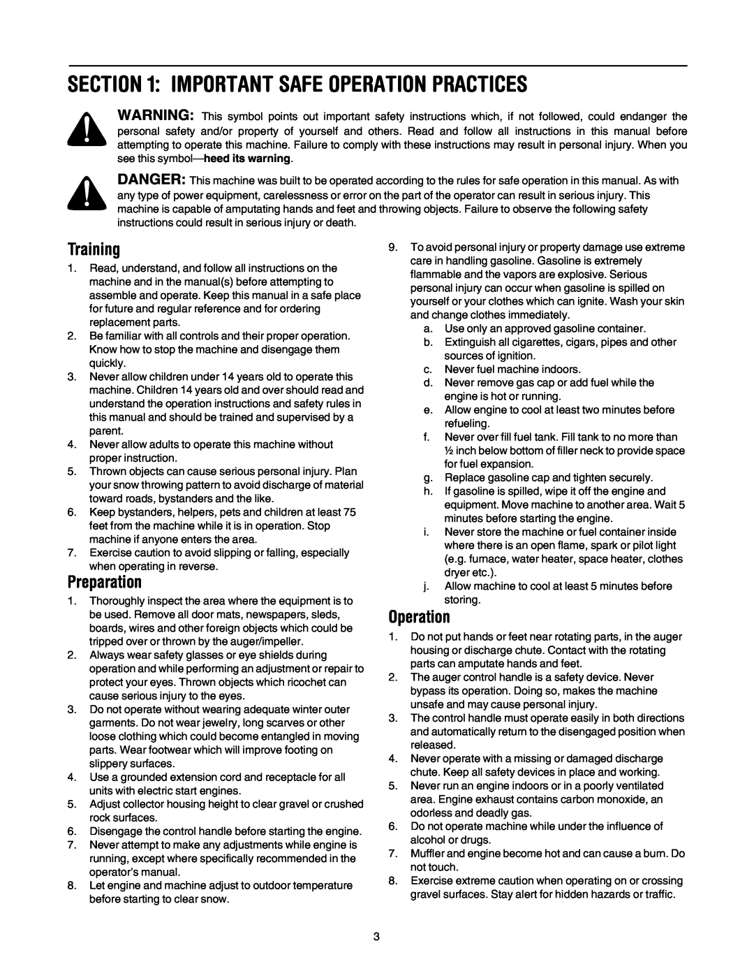 Troy-Bilt OEM-390-679 manual Important Safe Operation Practices, Training, Preparation 