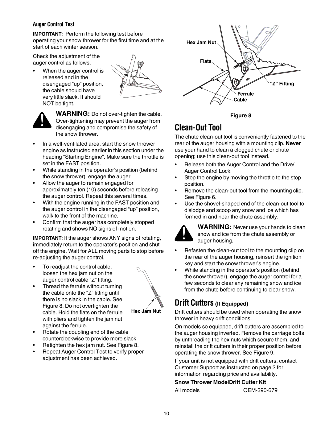 Troy-Bilt OEM-390-679 manual Drift Cutters If Equipped, Auger Control Test 