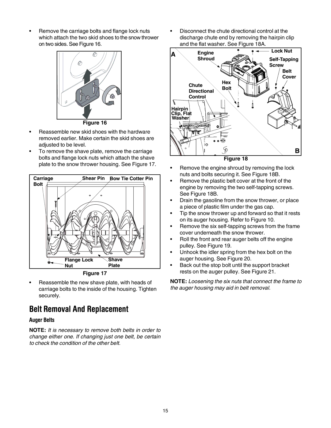 Troy-Bilt OEM-390-679 manual Belt Removal And Replacement, Auger Belts 