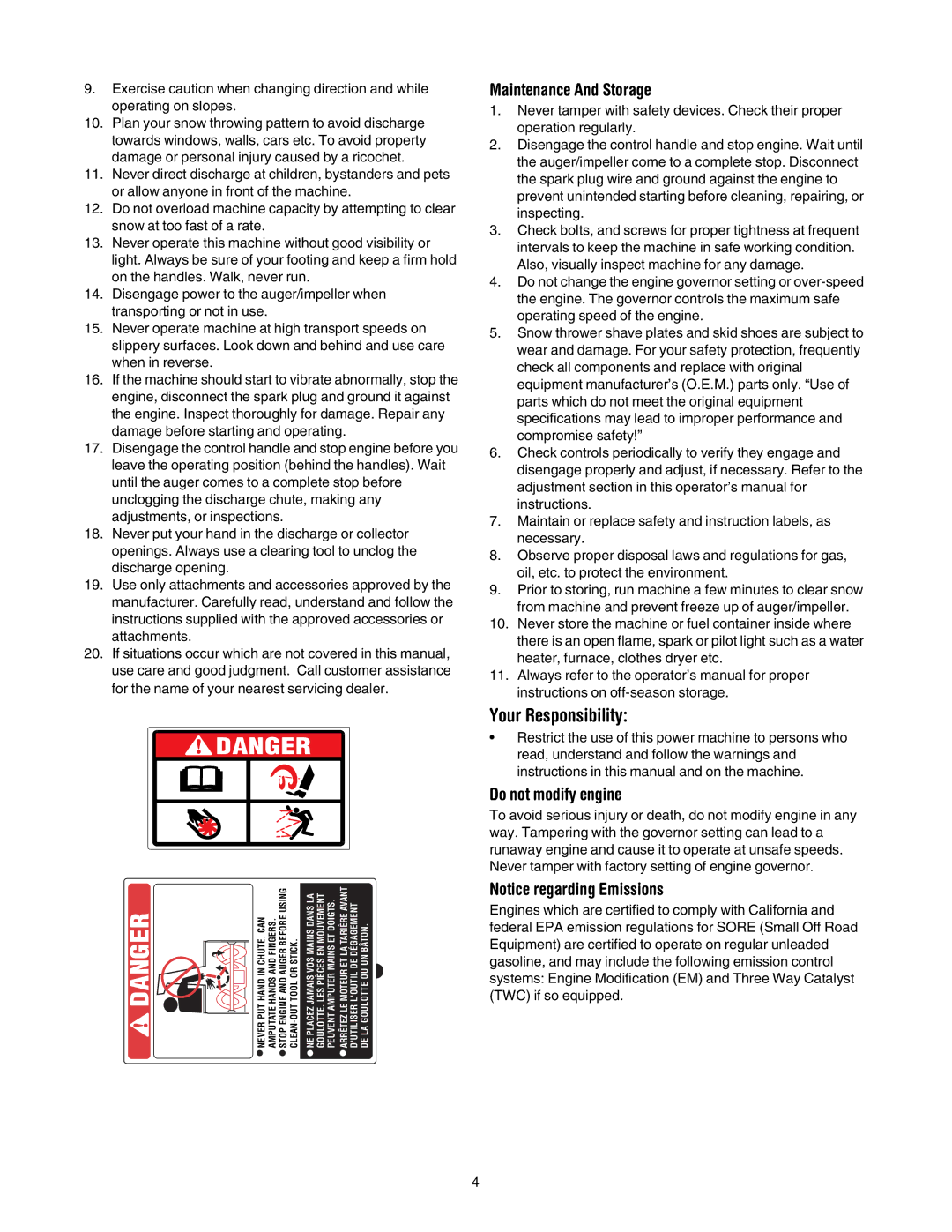 Troy-Bilt OEM-390-679 manual Maintenance And Storage, Do not modify engine 