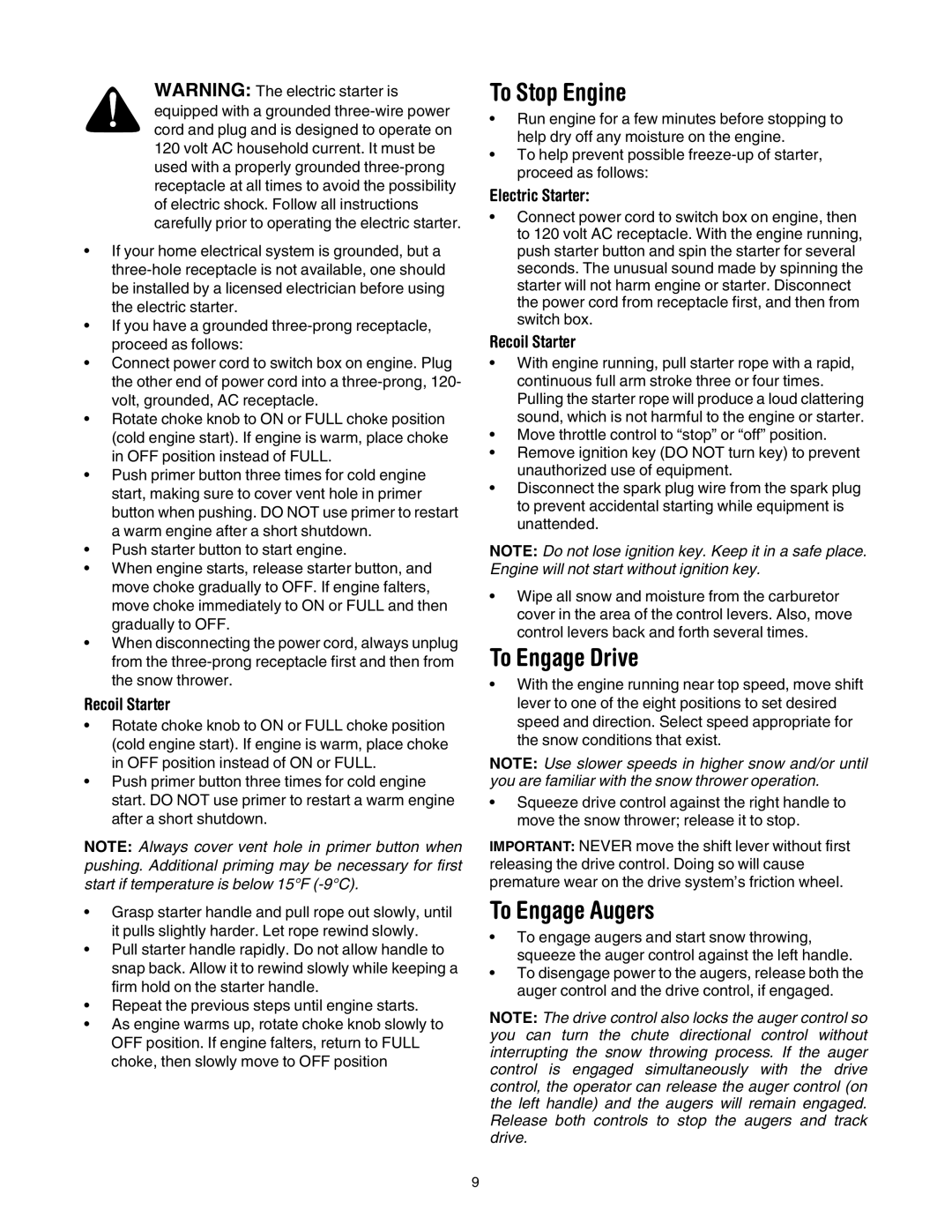 Troy-Bilt OEM-390-679 manual To Stop Engine, To Engage Drive, To Engage Augers, Recoil Starter, Electric Starter 