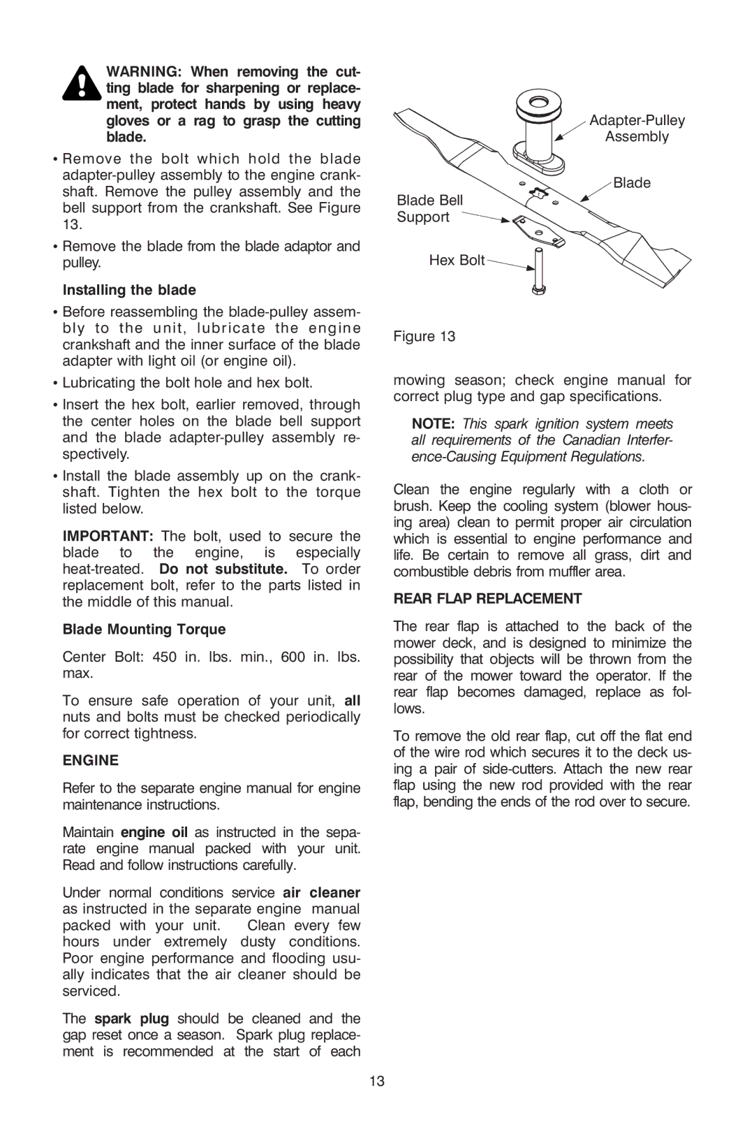 Troy-Bilt OG-4605 owner manual Installing the blade, Blade Mounting Torque, Engine, Rear Flap Replacement 