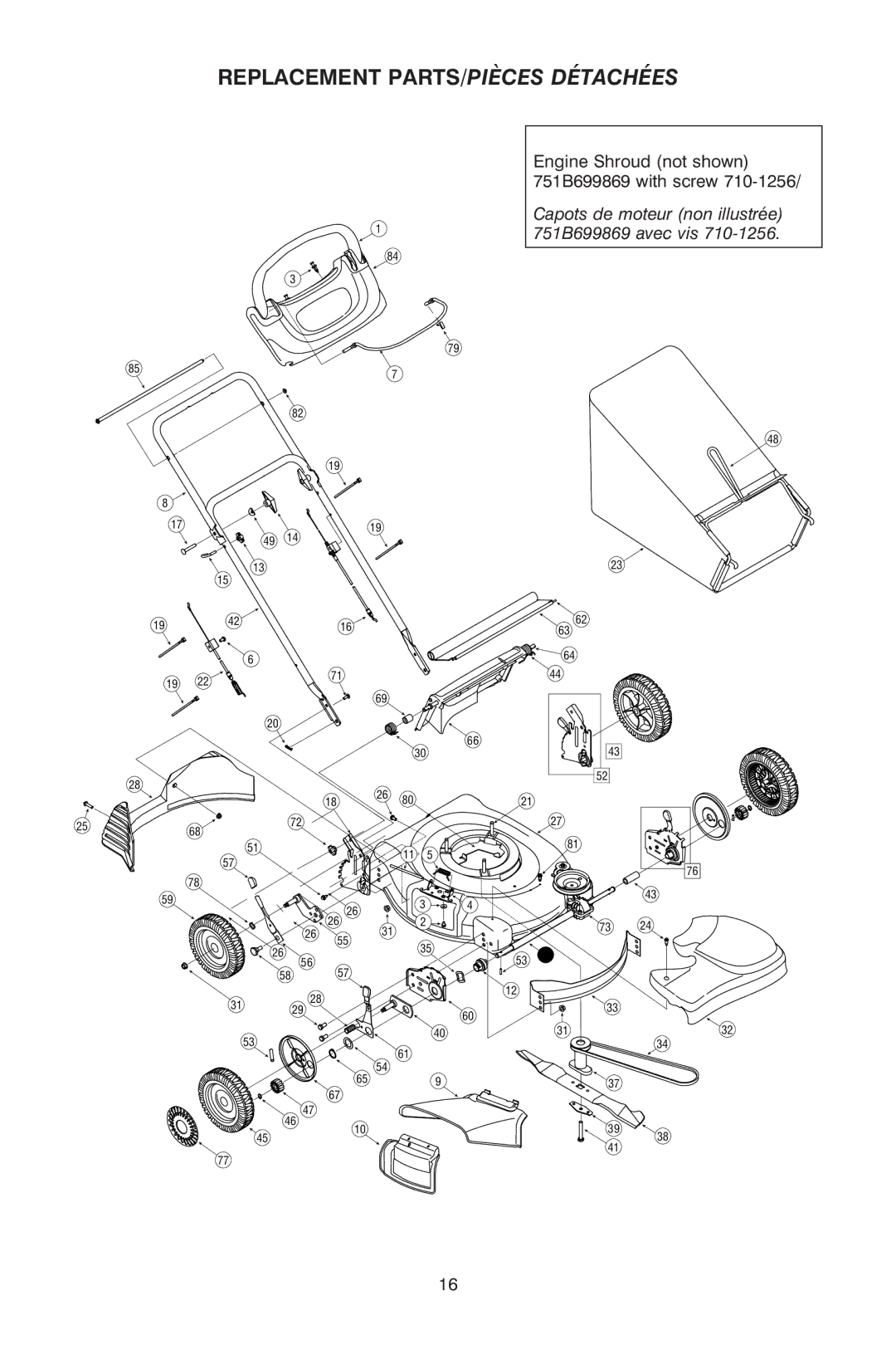 Troy-Bilt OG-4605 owner manual Replacement PARTS/PIÈCES Détachées, Capots de moteur non illustrée 751B699869 avec vis 