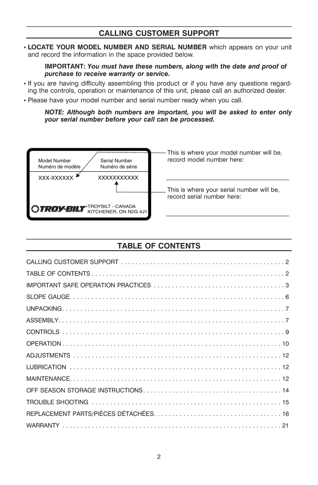 Troy-Bilt OG-4605 owner manual Calling Customer Support, Table of Contents 