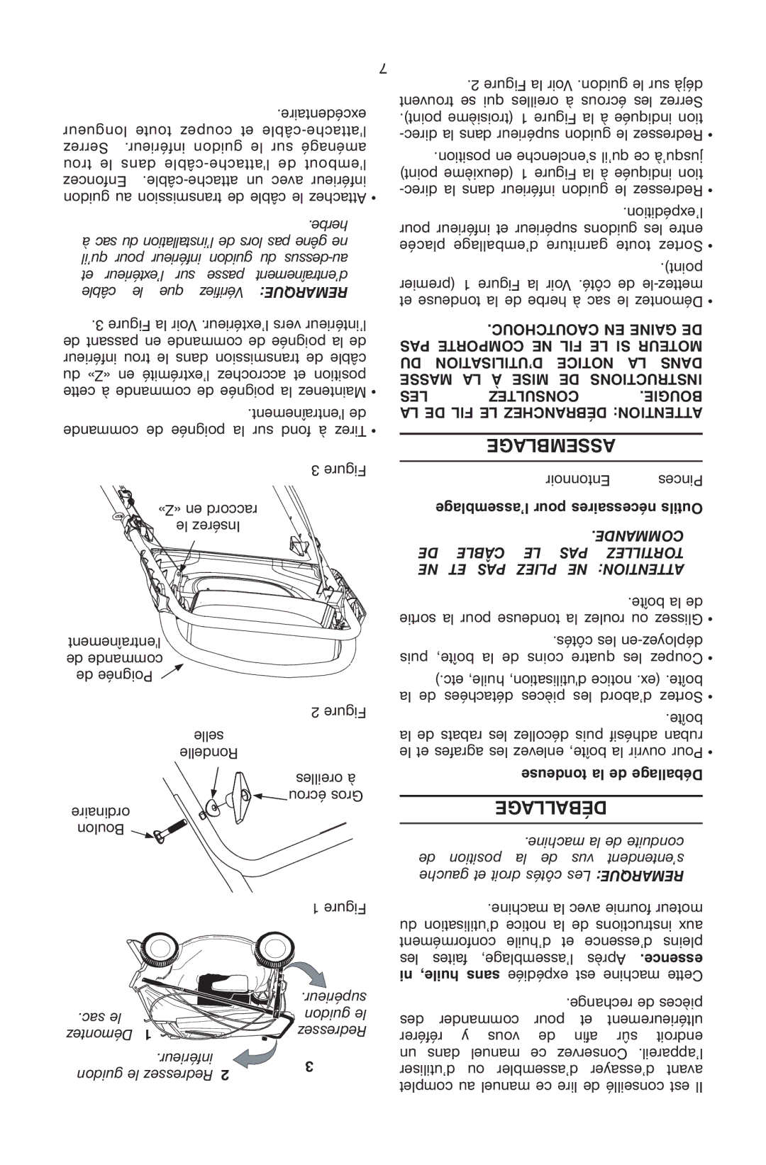 Troy-Bilt OG-4605 owner manual Assemblage, Déballage, Caoutchouc EN Gaine DE, PAS Comporte NE FIL LE SI Moteur 