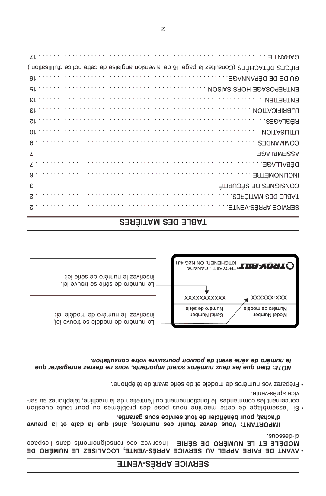 Troy-Bilt OG-4605 owner manual Matières DES Bleta, VENTE-APRÈS Service 