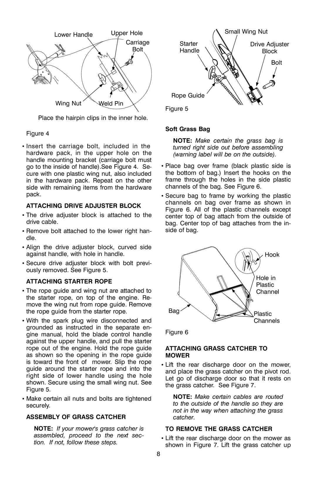 Troy-Bilt OG-4605 owner manual Attaching Drive Adjuster Block, Attaching Starter Rope, Assembly of Grass Catcher 