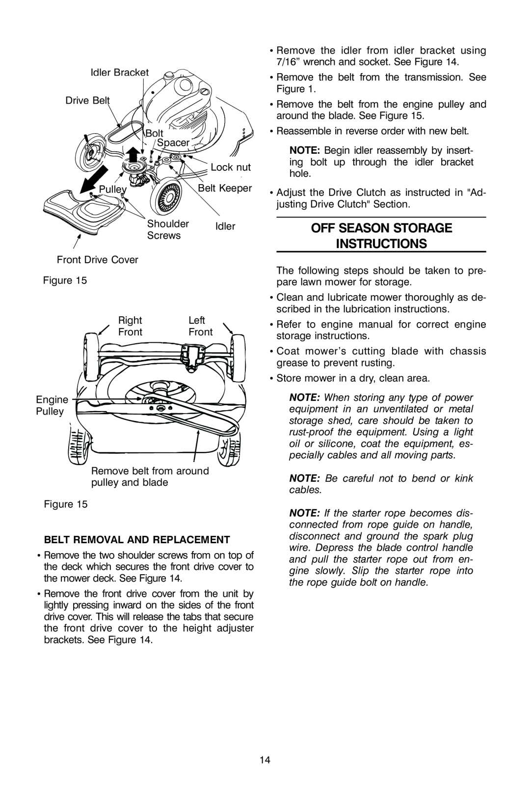 Troy-Bilt OG-4605 owner manual Off Season Storage Instructions, Belt Removal And Replacement 