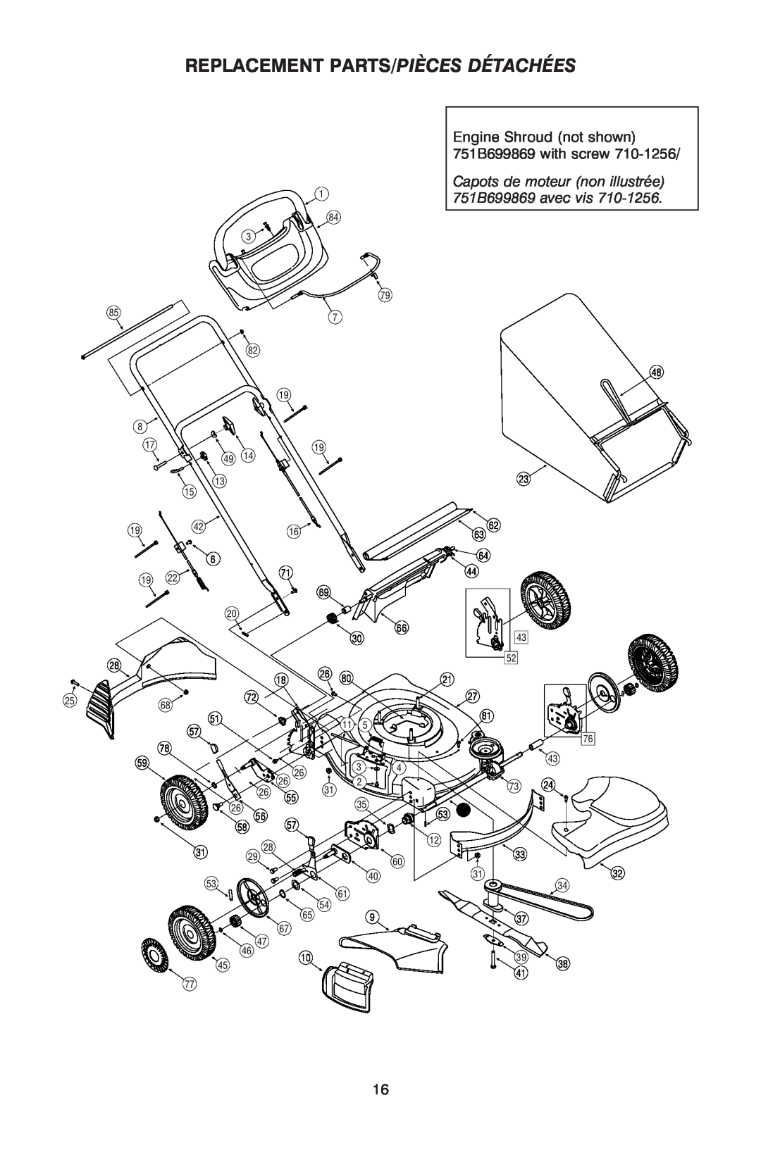 Troy-Bilt OG-4605 Replacement Parts/Pièces Détachées, Capots de moteur non illustrée 751B699869 avec vis, 1942, 1880 