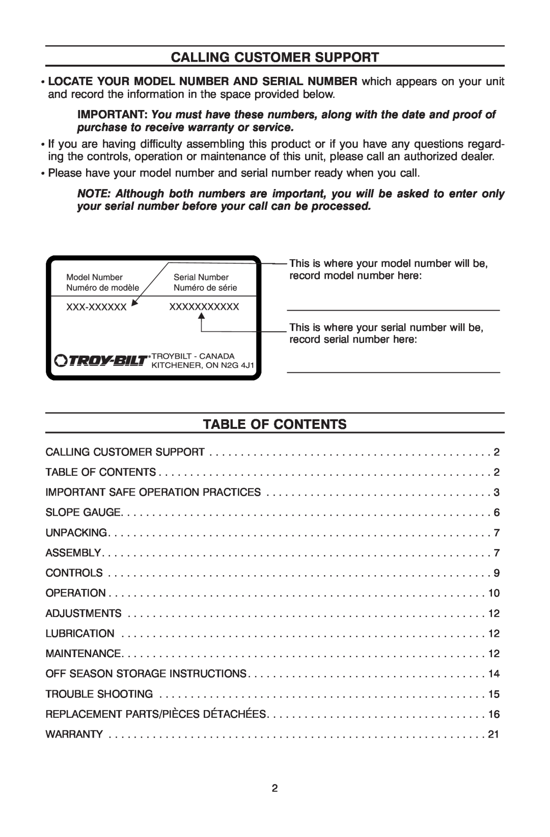 Troy-Bilt OG-4605 owner manual Calling Customer Support, Table Of Contents 