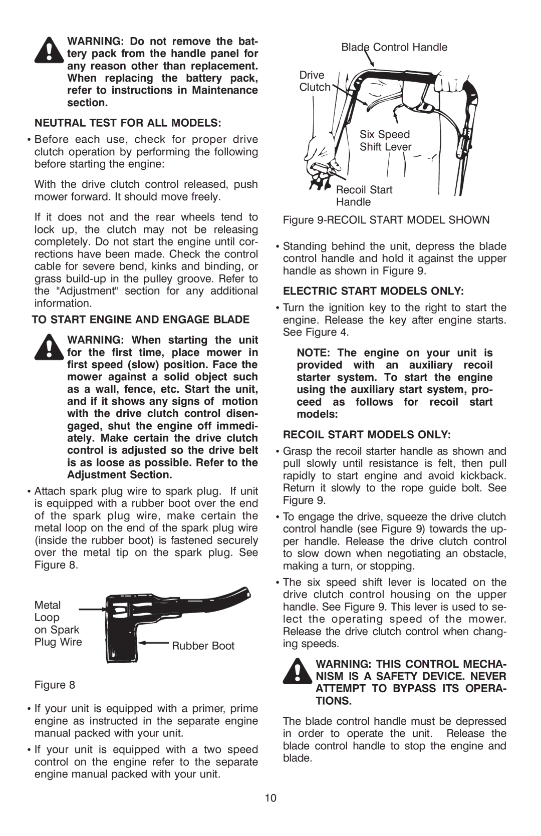 Troy-Bilt OG-4904 manual Neutral Test for ALL Models, To Start Engine and Engage Blade, Electric Start Models only 