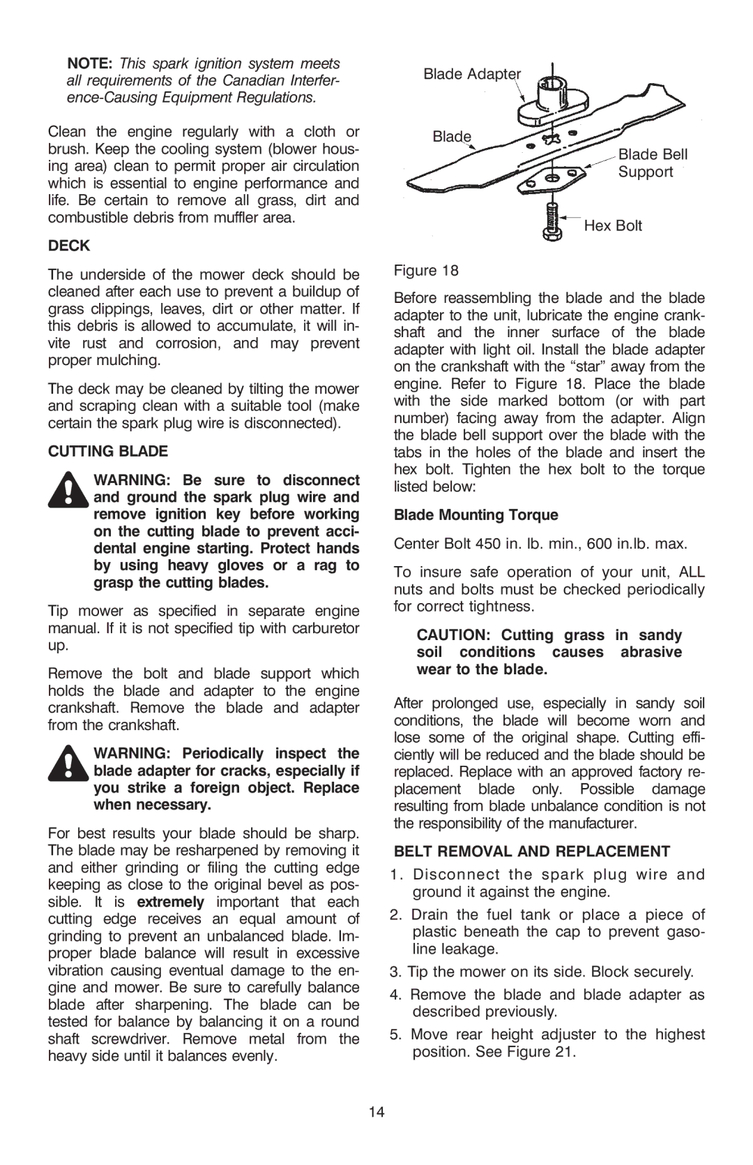 Troy-Bilt OG-4904 manual Deck, Cutting Blade, Blade Mounting Torque, Belt Removal and Replacement 