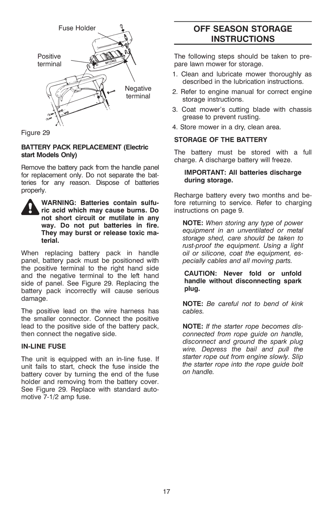 Troy-Bilt OG-4904 manual OFF Season Storage Instructions, Battery Pack Replacement Electric start Models Only, IN-LINE Fuse 