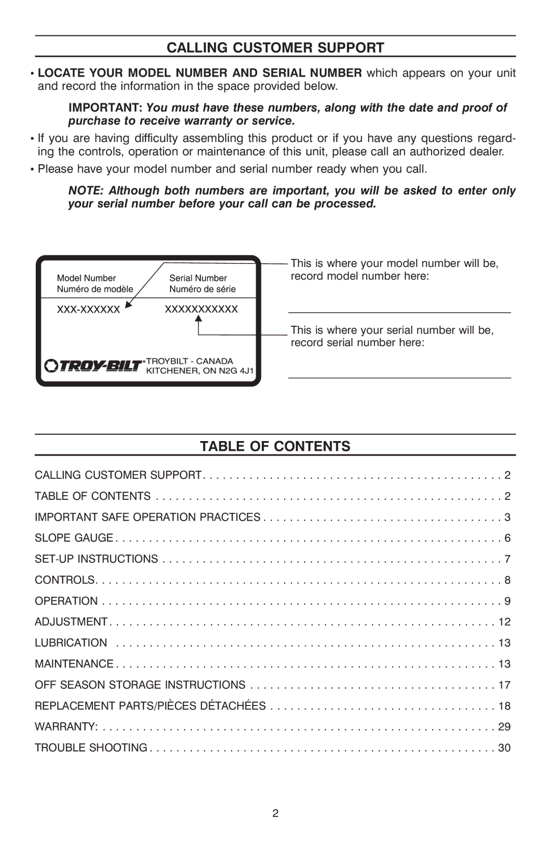 Troy-Bilt OG-4904 manual Calling Customer Support, Table of Contents 