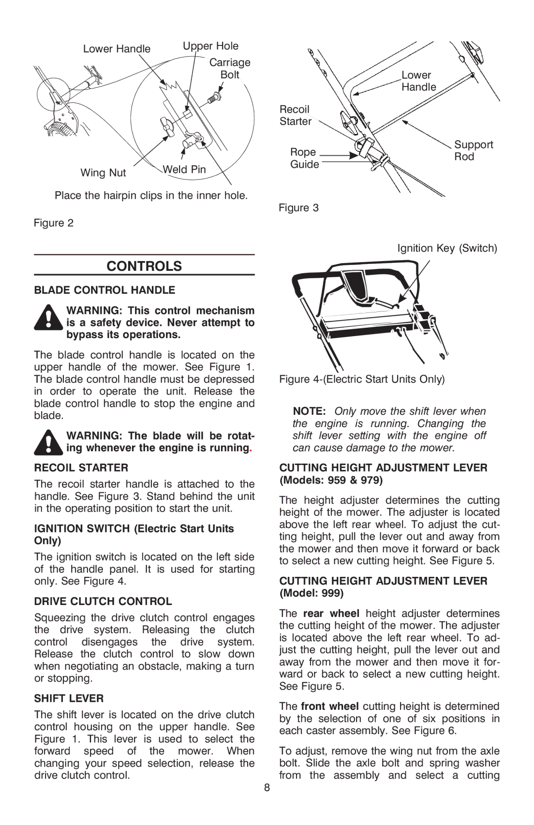 Troy-Bilt OG-4904 manual Controls, Blade Control Handle, Recoil Starter, Drive Clutch Control, Shift Lever 