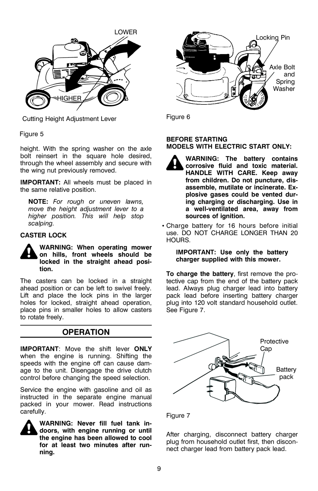 Troy-Bilt OG-4904 manual Operation, Caster Lock, Before Starting Models with Electric Start only 