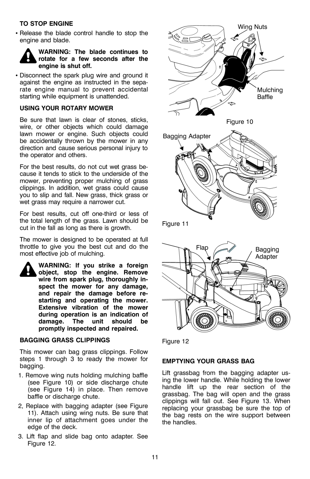 Troy-Bilt OG-4904 manual To Stop Engine, Using Your Rotary Mower, Bagging Grass Clippings, Emptying Your Grass Bag 