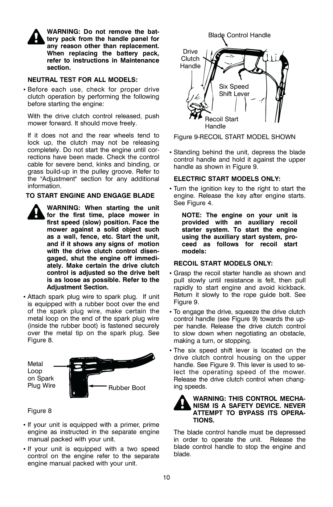 Troy-Bilt OG-4905 owner manual Neutral Test for ALL Models, To Start Engine and Engage Blade, Electric Start Models only 