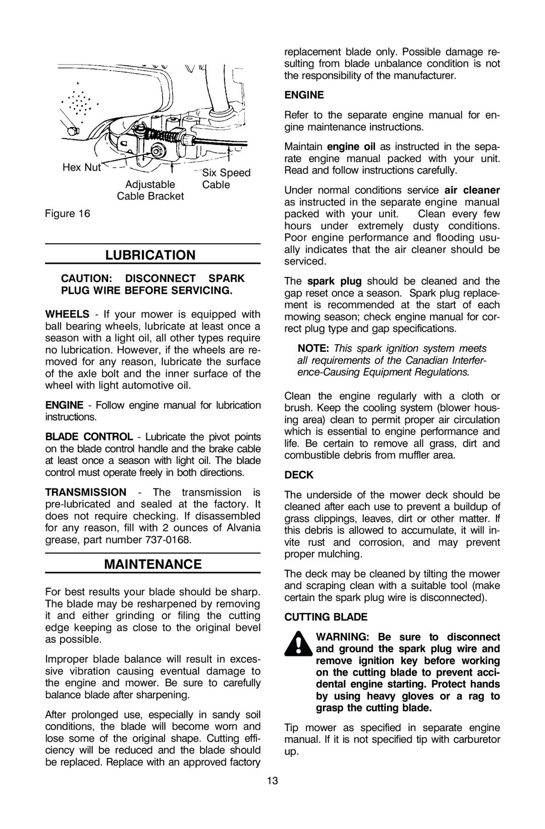 Troy-Bilt OG-4905 owner manual Lubrication, Maintenance, Engine, Deck, Cutting Blade 