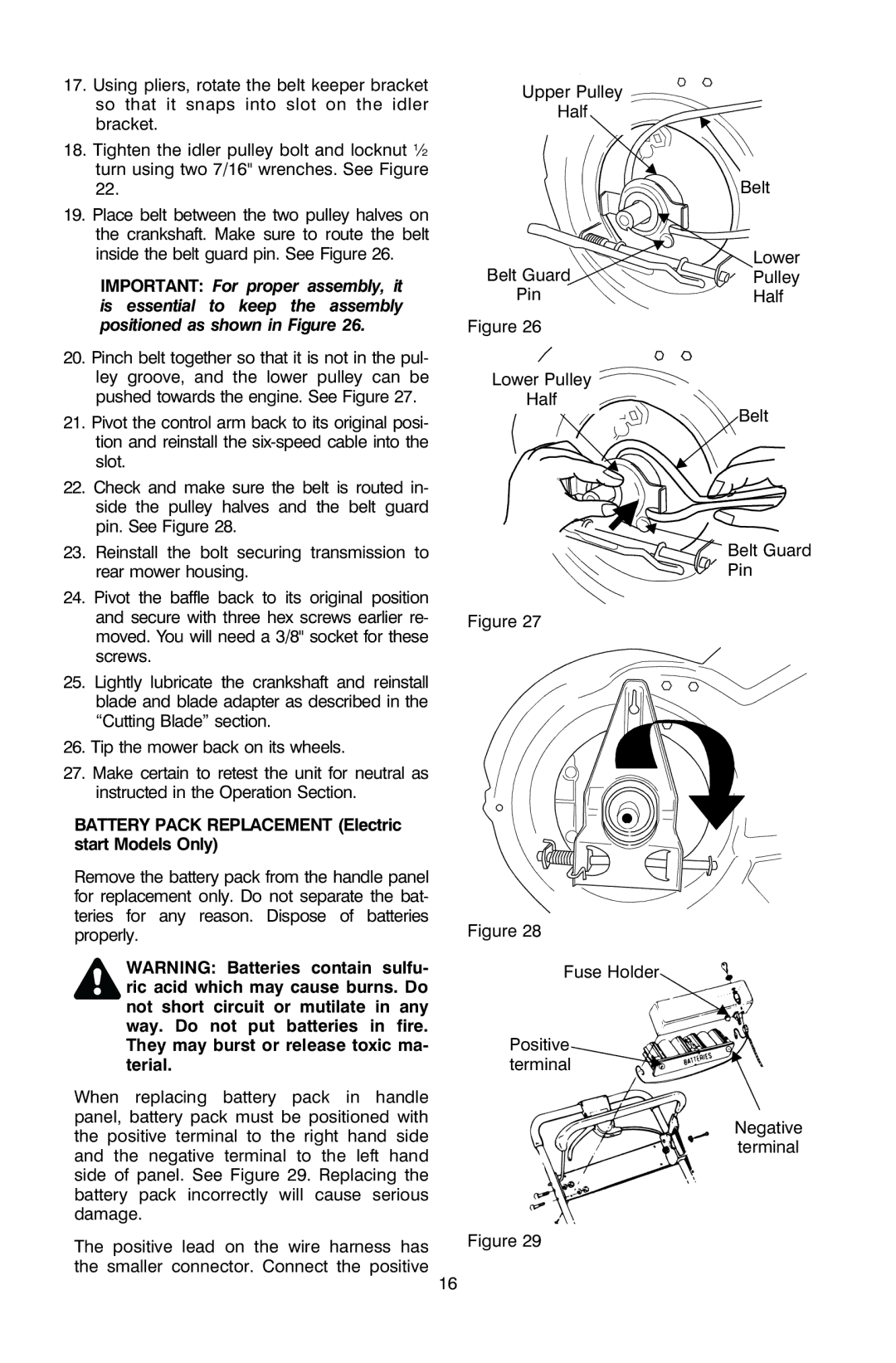 Troy-Bilt OG-4905 owner manual Battery Pack Replacement Electric Start Models Only 