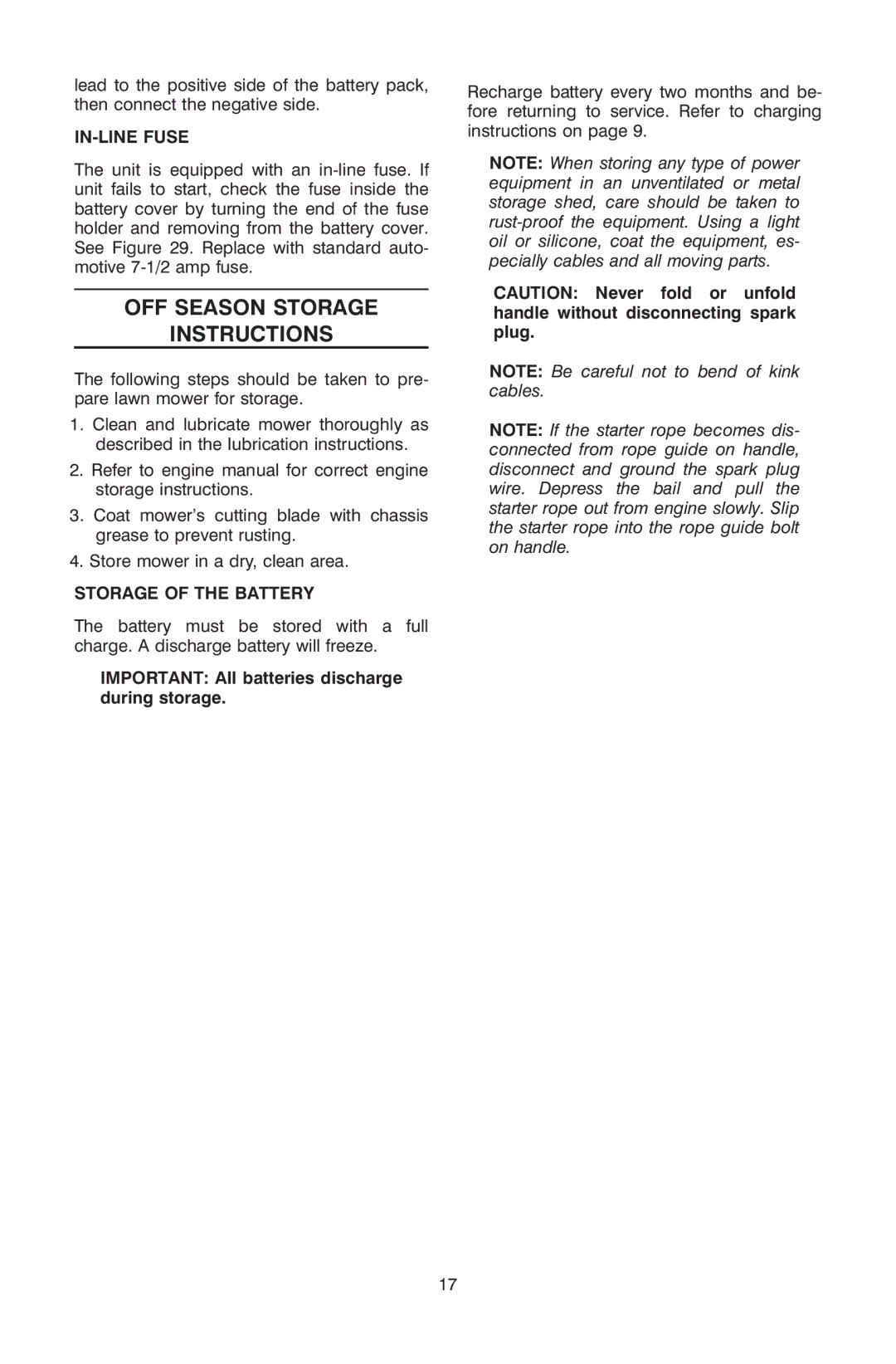 Troy-Bilt OG-4905 owner manual OFF Season Storage Instructions, IN-LINE Fuse, Storage of the Battery 